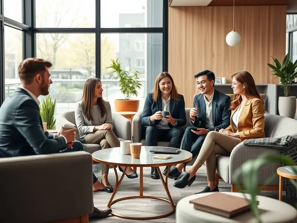 A diverse group of attendees networking during a coffee break at the AI conference, exchanging business cards and engaging in lively conversations in a bright and modern conference space.