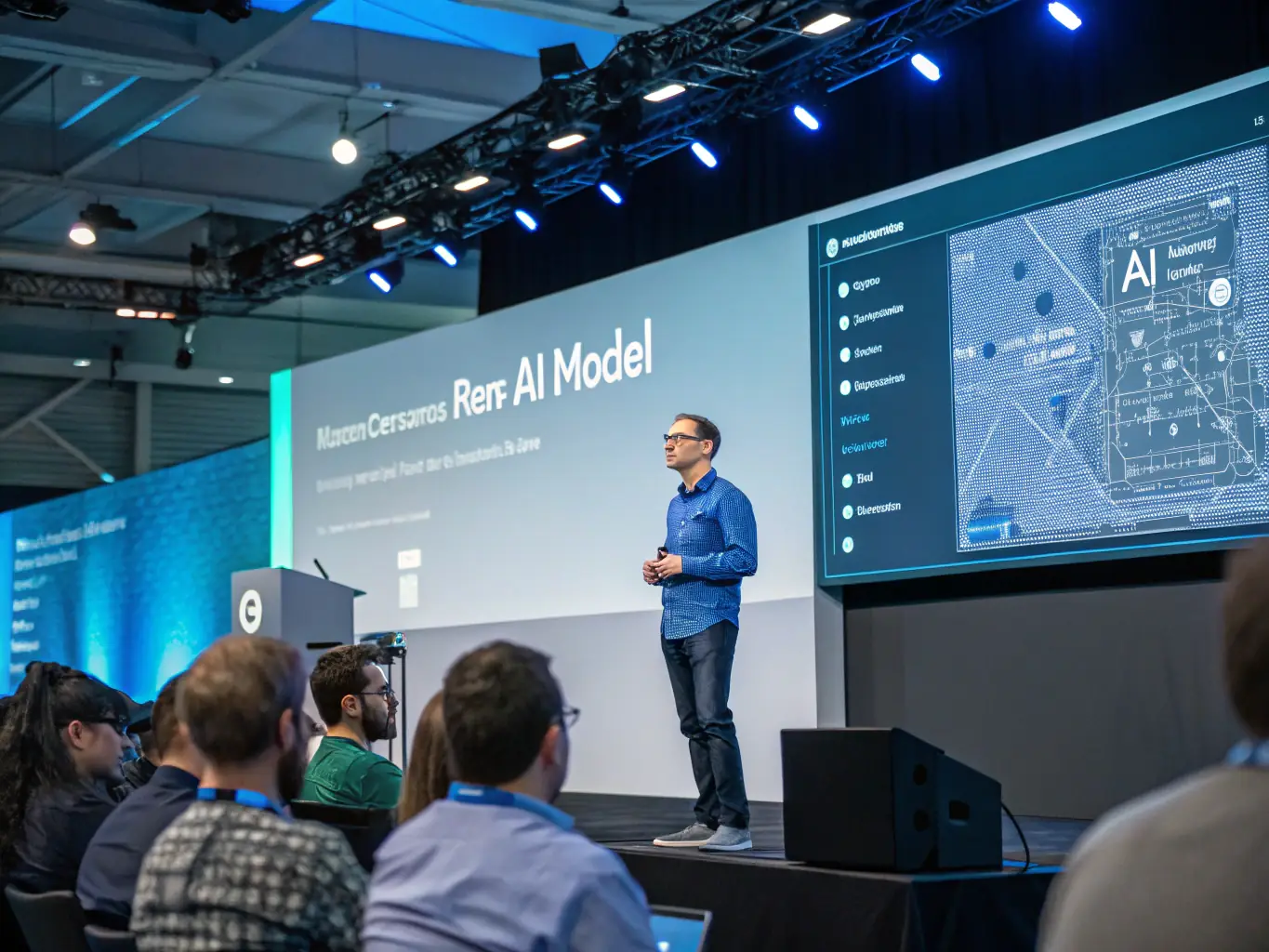 A dynamic speaker presenting on stage at the AI conference, passionately discussing AI investment strategies with an engaged audience in a modern conference hall setting.